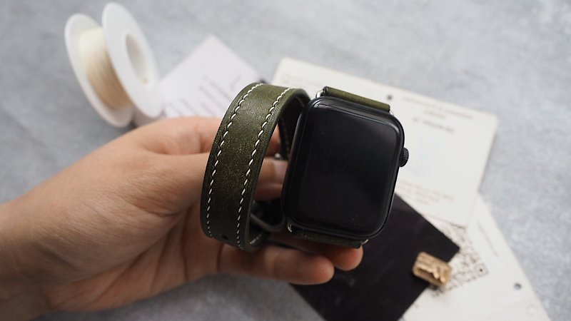 純手工牛皮愛馬仕雙圈款蘋果AppleWatch錶帶 客製化刻字禮物 訂製 - 錶帶 - 真皮 多色
