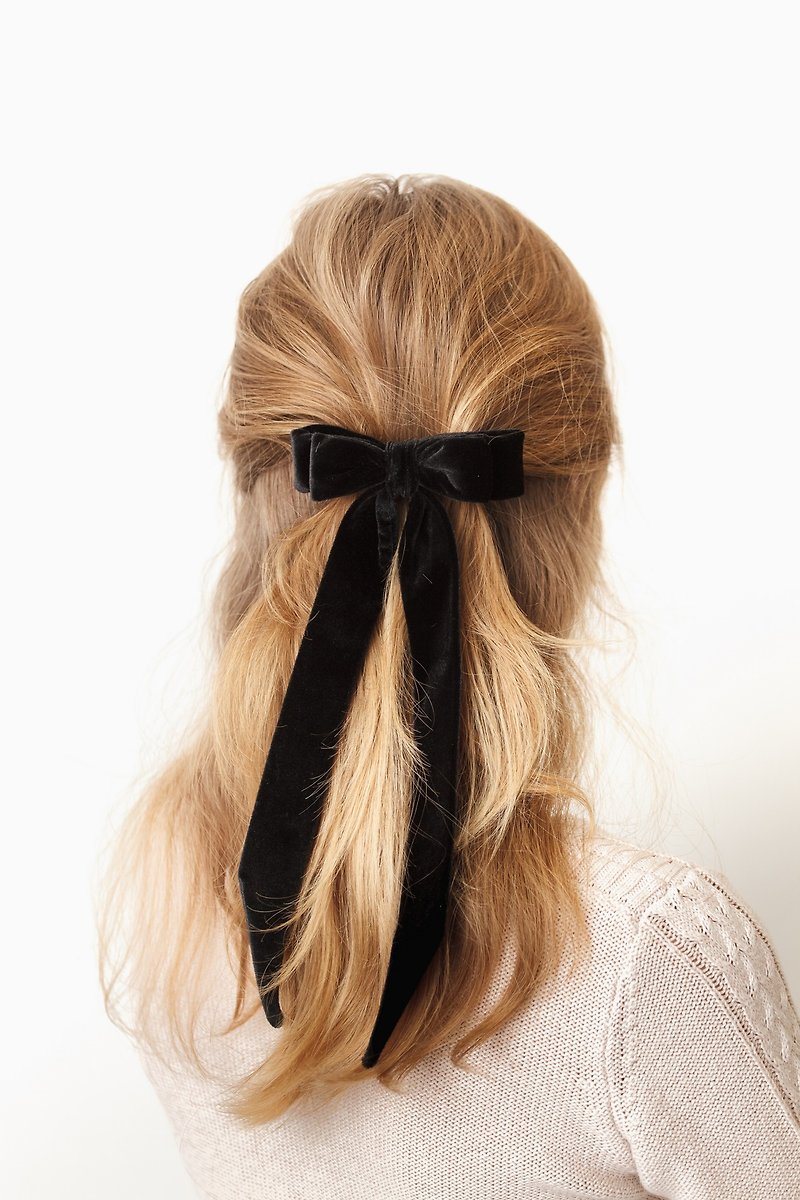 Black Long Velvet Bow for Adult, Hair Ribbon Clip Barrette for Women - 髮夾/髮飾 - 其他材質 黑色