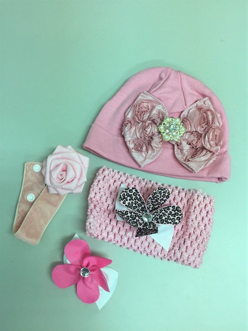 Fashion hair accessories baby hat combination (kit C) - ผ้ากันเปื้อน - ผ้าฝ้าย/ผ้าลินิน 
