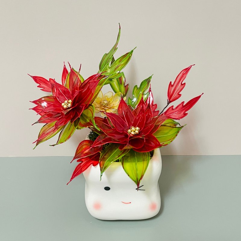 聖誕紅水晶花可愛笑臉盆栽 - 擺飾/家飾品 - 樹脂 紅色