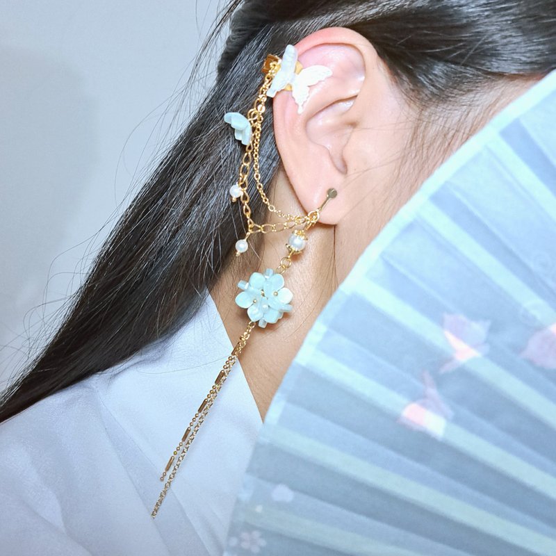 Original Flower Language Series Ear Bone Clip Hydrangea Whisper_Green Hydrangea - ต่างหู - โลหะ สีเขียว