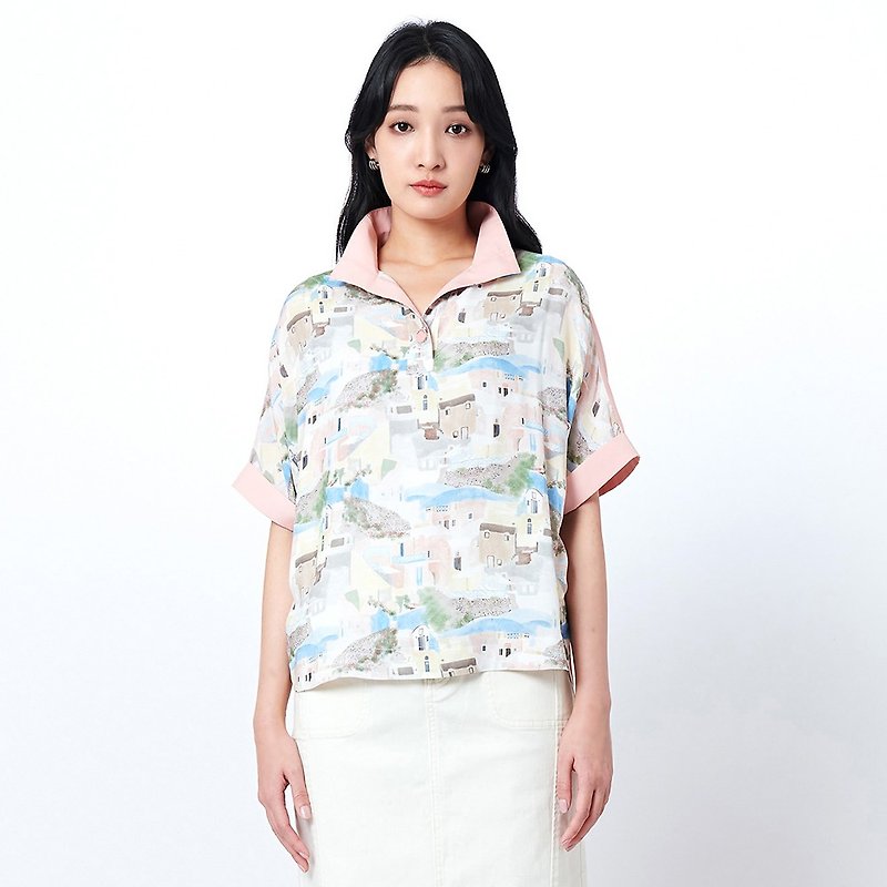 KeyWear Island Print Stand Collar Top-General-0AF00142 - Women's T-Shirts - Other Man-Made Fibers Multicolor