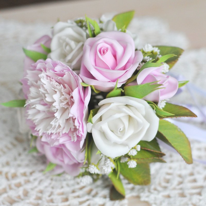 Bridal bouquet peony and roses, Wedding pink bouquet and boutonniere 婚禮花束 - ตกแต่งต้นไม้ - วัสดุอื่นๆ สึชมพู