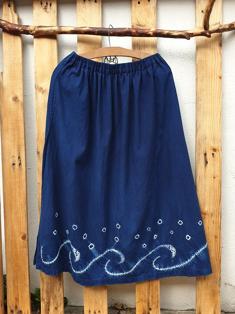 Fire Elf organic cotton blue dyed long skirt four seasons versatile temperament - กระโปรง - ผ้าฝ้าย/ผ้าลินิน สีน้ำเงิน