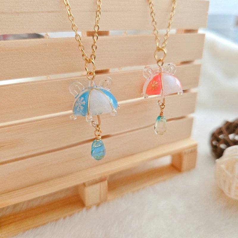 Yanyu handmade 14K gold-covered necklace, bear umbrella, cute handmade healing Christmas gift - สร้อยคอ - เรซิน สีแดง