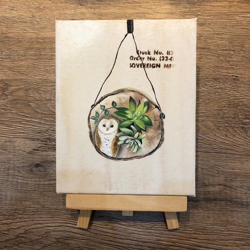 貓頭鷹 油畫作品 多肉植物 手工繪製 禮物 無框畫 生日禮物 情人 - 海報/掛畫/掛布 - 棉．麻 
