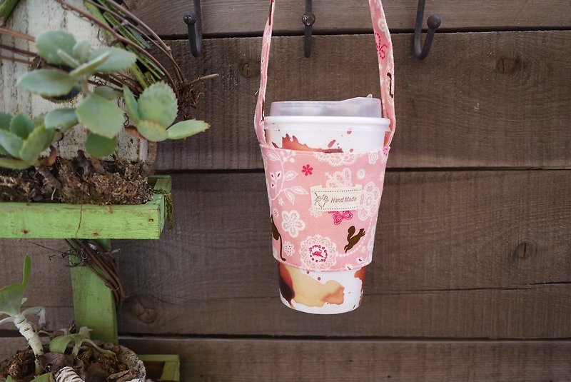 粉紅蕾絲貓咖啡杯提袋 - 杯袋/飲料提袋 - 棉．麻 