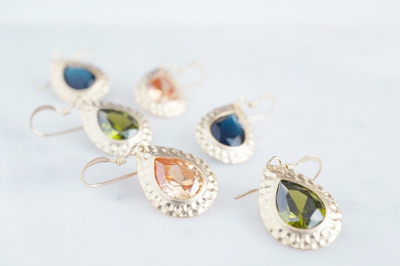 【14 KGF】 Earrings, Hammered Teardorop Glass - ต่างหู - แก้ว 