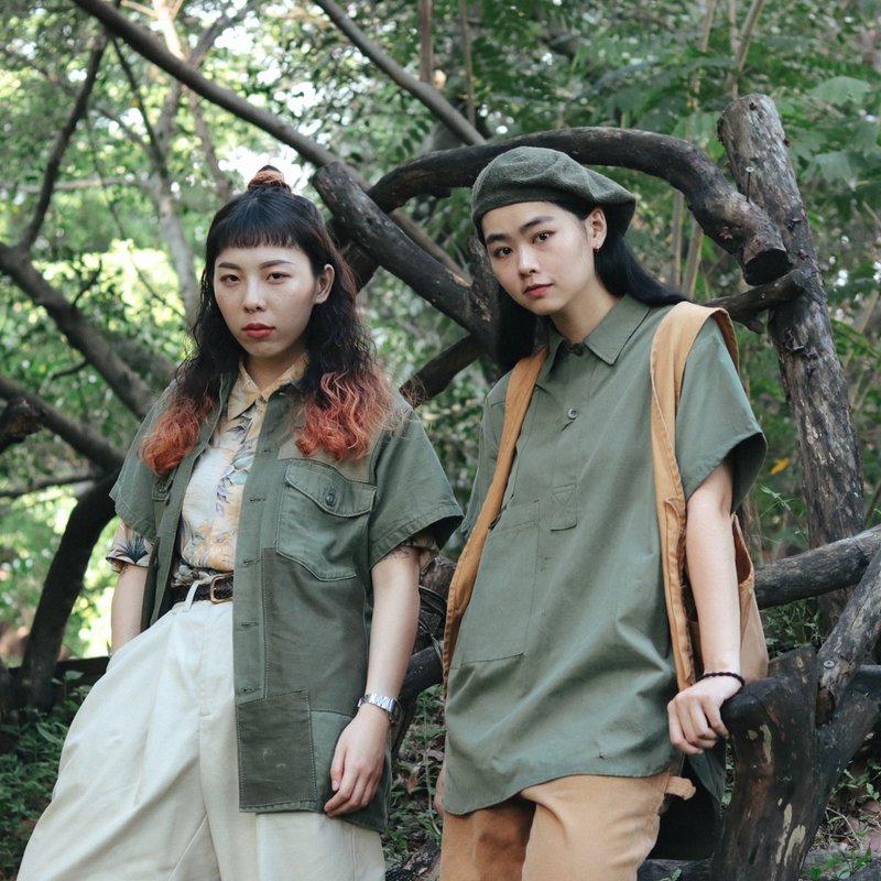 Tsubasa.Y│**Multiple styles to choose from**Remade patchwork military shirts, military camouflage - เสื้อเชิ้ตผู้ชาย - ผ้าฝ้าย/ผ้าลินิน สีเขียว