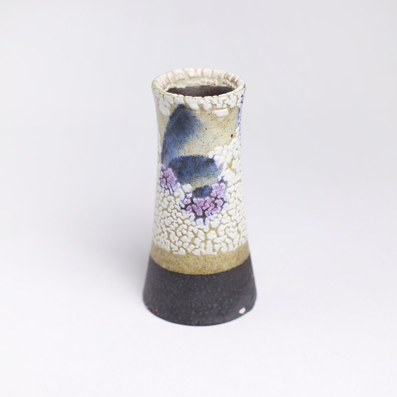 明芽窯 l 志野縮釉花器 白 紫藍 水墨 陶器 陶藝品 蒐藏品 H8 - 花瓶/花器 - 陶 白色