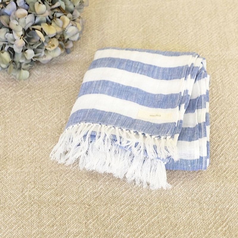 Daily match, autumn and winter blue coarse striped linen long scarf - Scarves - Cotton & Hemp Blue