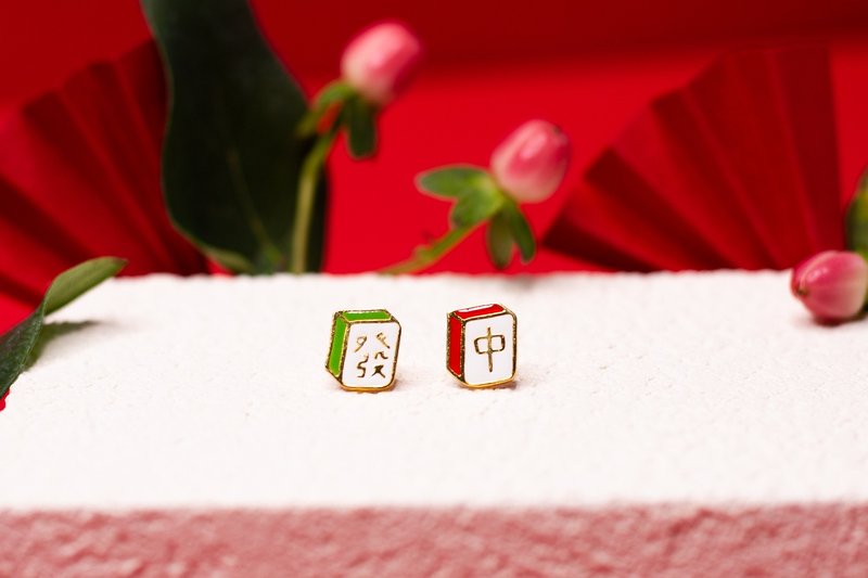 高中又發財 麻將 紅中 青發 新年禮物 低敏鋼針 紙盒包裝 - 耳環/耳夾/耳骨夾 - 琺瑯 紅色