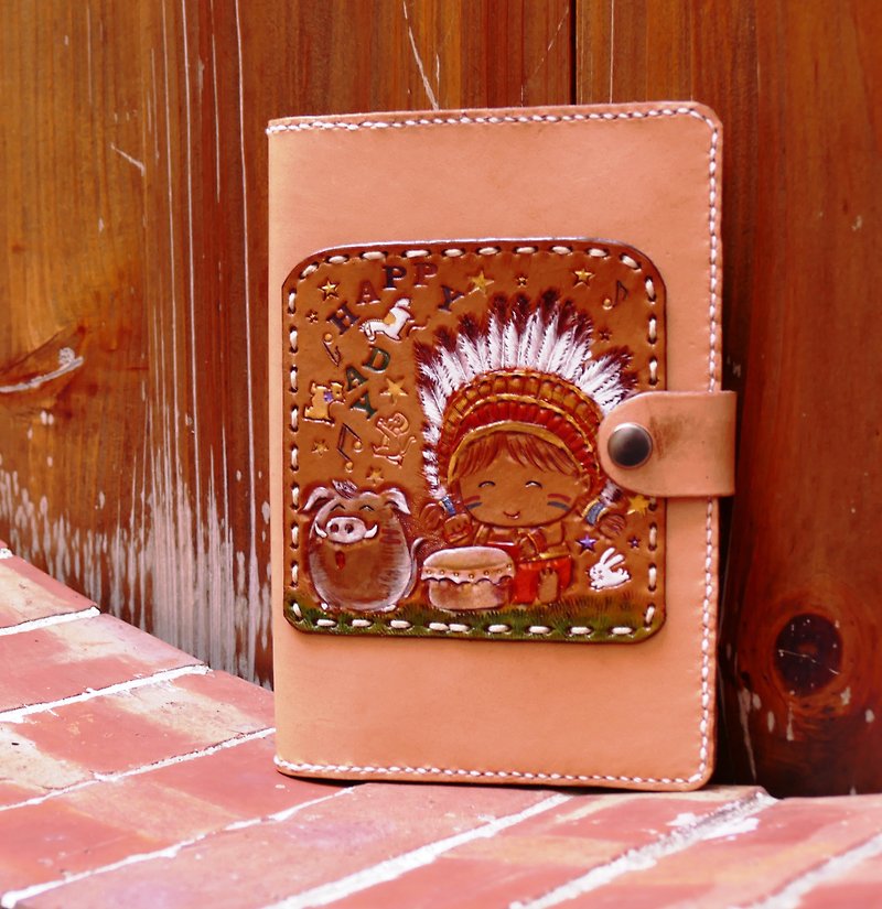 Hand-made leather notebook/hand book clothing - small chief and mountain pig - Notebooks & Journals - Genuine Leather Brown