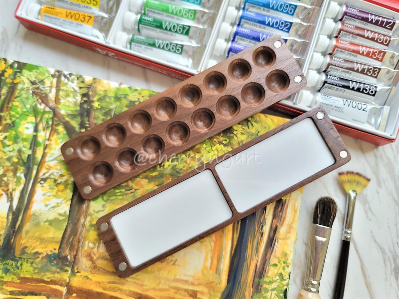 Wooden watercolor palette 16 wells, portable wooden palette, tiny palette - วาดภาพ/ศิลปะการเขียน - ไม้ สีนำ้ตาล