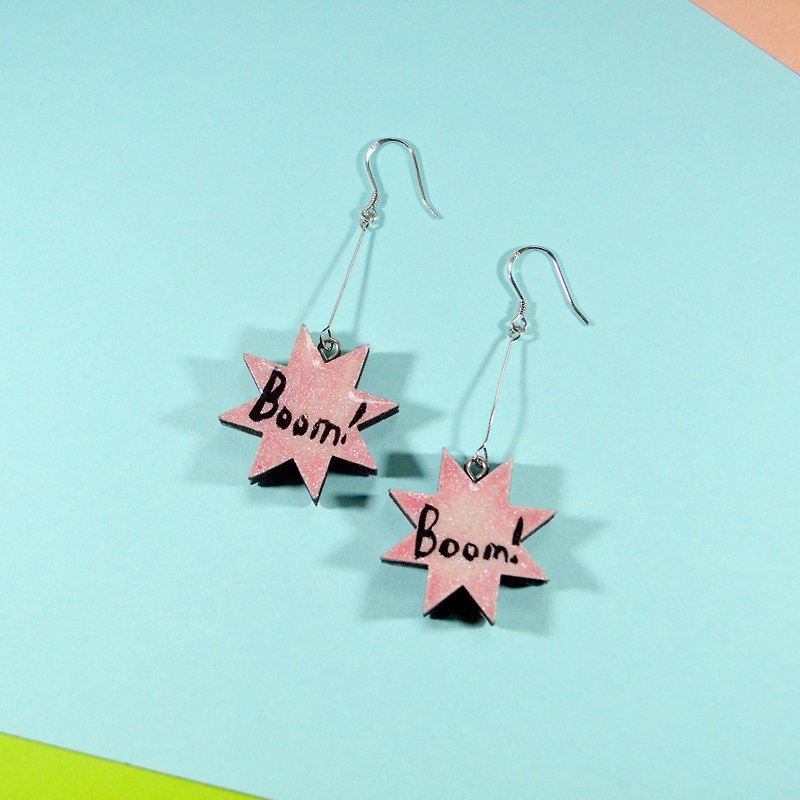 Pink Explosion Boom Personality Hand-painted Long Earrings Ear Clips Hand-painted Wooden - ต่างหู - ไม้ สึชมพู