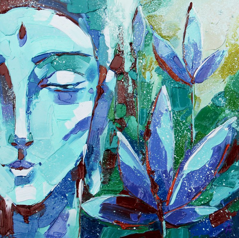 Buddha Painting Meditation Original Art Yoga Artwork Spiritual Wall Art - โปสเตอร์ - วัสดุอื่นๆ สีน้ำเงิน