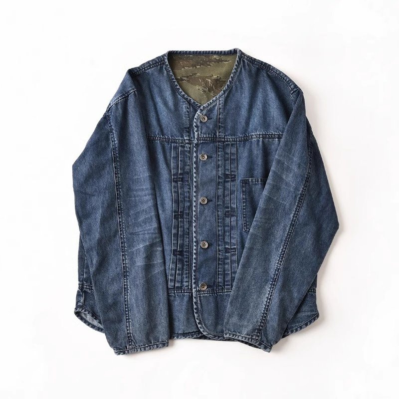 JANWONG Retro washed VINTAGE collarless loose casual denim jacket - เสื้อโค้ทผู้ชาย - ผ้าฝ้าย/ผ้าลินิน 