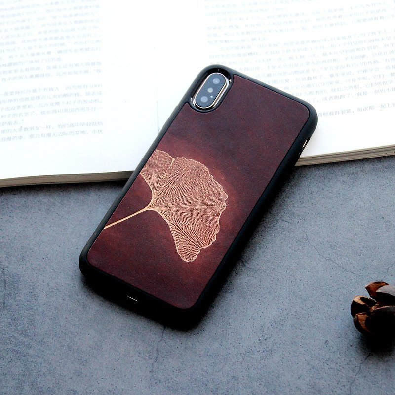 Deep Brown Ginkgo biloba iphone11 pro 78 plus x xs max xr leather phone shell protective shell - Phone Cases - Genuine Leather Brown