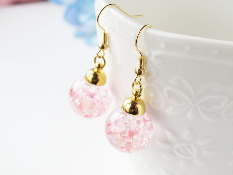* Rosy Garden * pink crystals water inside glass ball earrings - Earrings & Clip-ons - Glass Pink