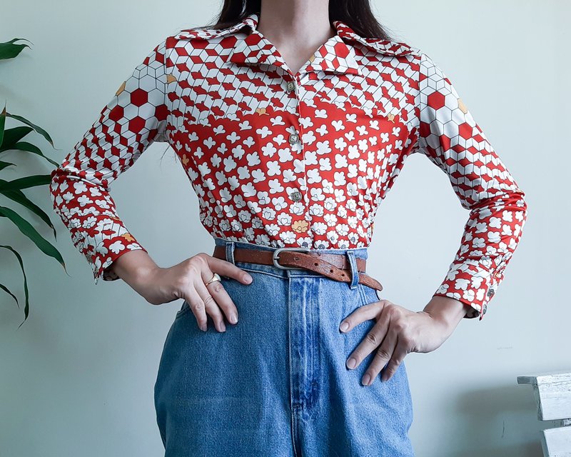 Vintage 1970s Novelty Shirt Polyester Button Up Shirt Disco Blouse Dagger Collar - Women's Tops - Polyester Orange