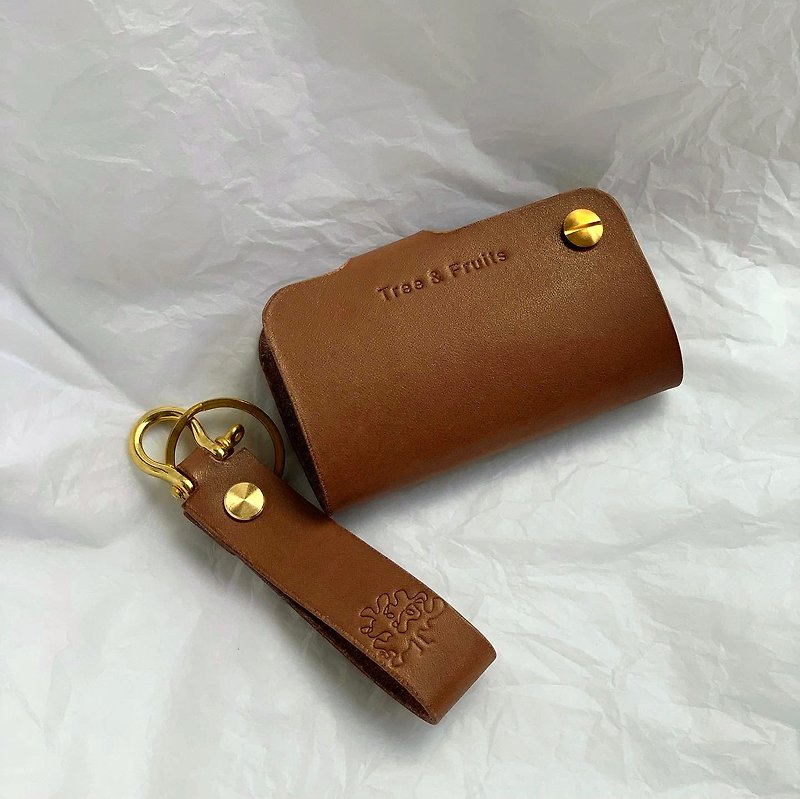TREE & FRUITS minimalist leather key ring key bag car key customized printing - ที่ห้อยกุญแจ - หนังแท้ สีนำ้ตาล