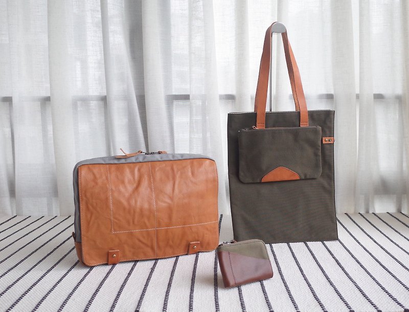 Year Promotional Lucky Bag-Hand Grabbed Leather Messenger Bag + Folding Designer Tote Bag + Coin Purse - กระเป๋าแมสเซนเจอร์ - หนังแท้ สีเขียว