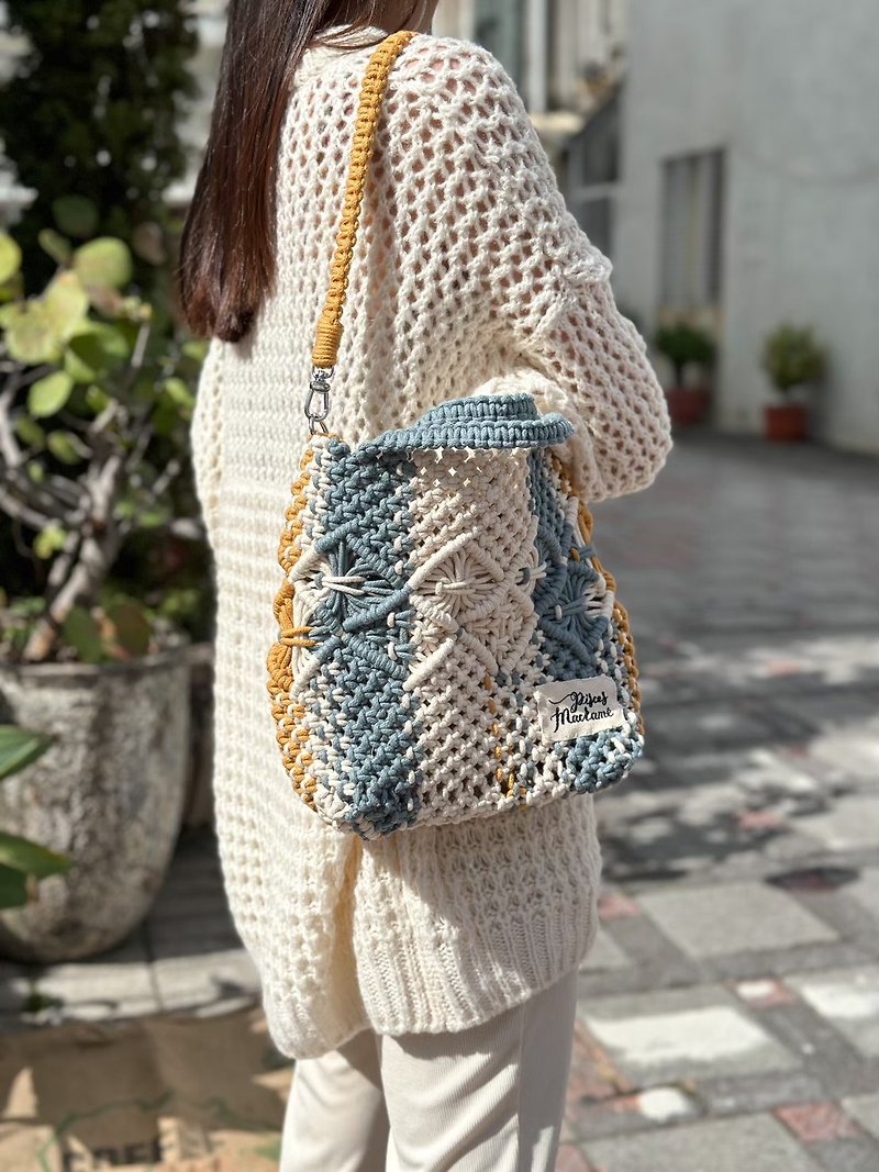 編織圖騰大包包 - 側背包/斜孭袋 - 棉．麻 藍色