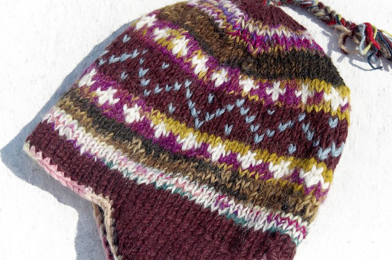 Christmas gift exchange gifts creative gift limited a handmade knitted wool hat / handmade wool cap / knitted wool cap / flying cap / wool cap - Lamb wine Macaron Fair Isle pattern Eastern Europe ethnic totem - Hats & Caps - Wool Multicolor