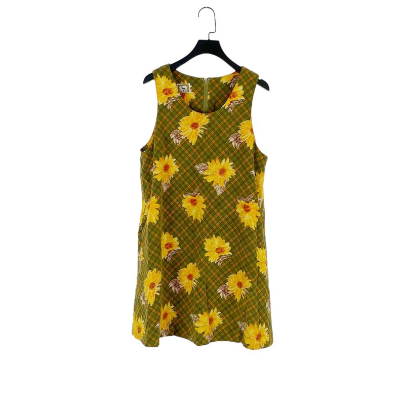 Second-hand green and yellow coffee check pattern flower printing wide version light and thin dress OPD217 - ชุดเดรส - เส้นใยสังเคราะห์ สีกากี