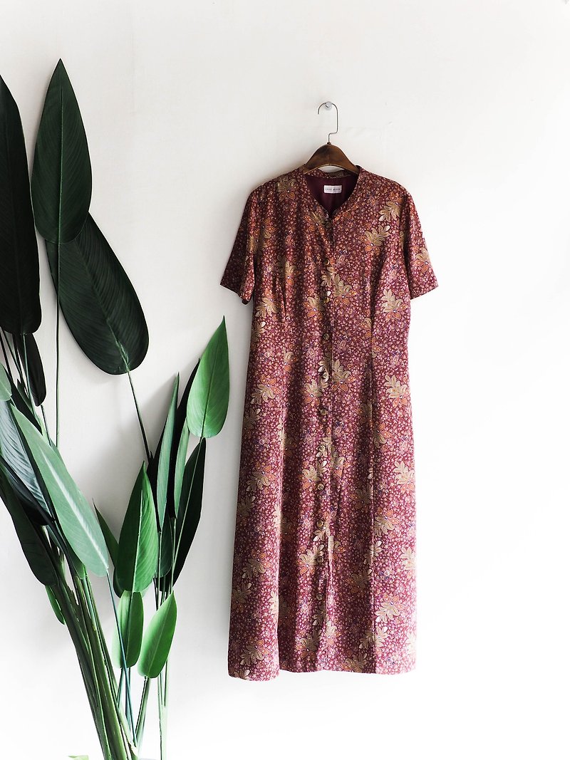 River Water Mountain - Okayama Floral Dark Red Spring Love Day Antique Rotary Yarn Long Skirt Dress - One Piece Dresses - Polyester Red