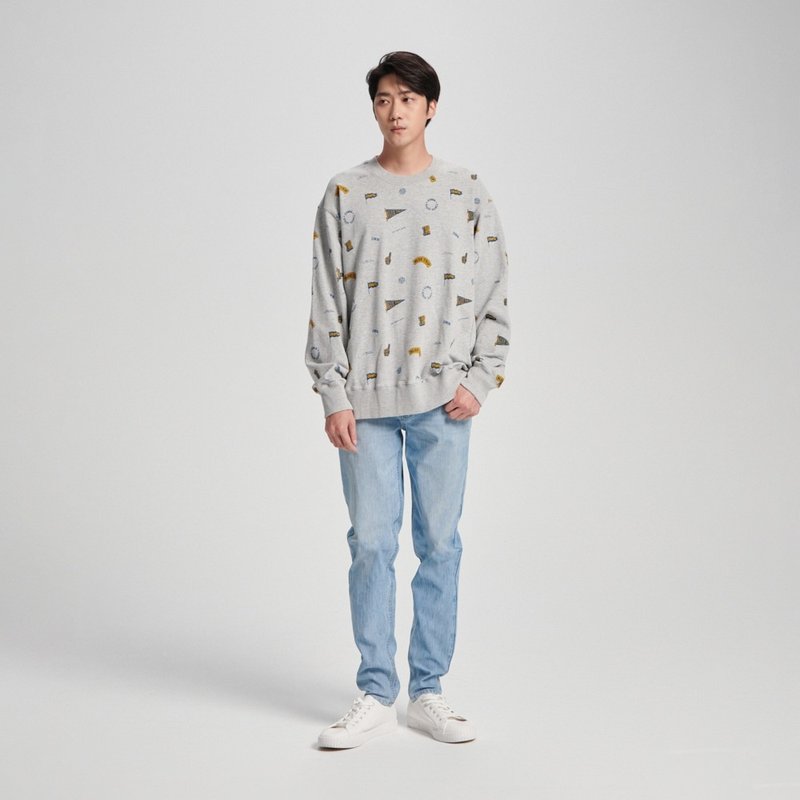 EDWIN BLUE TRIP Full-print wide thick long-sleeved T-shirt - Men's (silver gray) #Top - เสื้อฮู้ด - ผ้าฝ้าย/ผ้าลินิน สีเทา