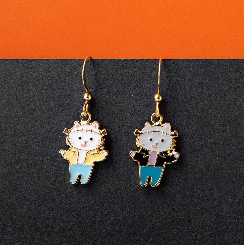 Cat, frankenstein, zombie, halloween earrings and clip-ons - ต่างหู - ทองแดงทองเหลือง 