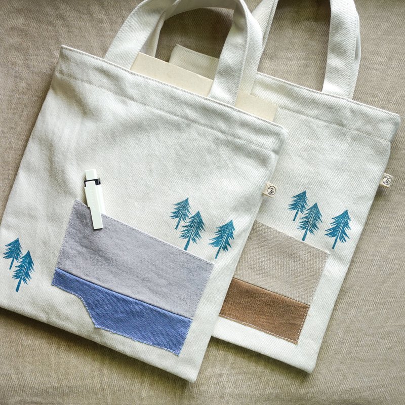 Summer hand-printed series | Gray blue | Small pocket cloth book bag - กระเป๋าถือ - ผ้าฝ้าย/ผ้าลินิน ขาว