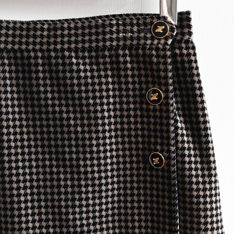 【蛋植物古著】日本製千鳥格紋天鵝絨高腰古著長裙 - 裙子/長裙 - 其他人造纖維 