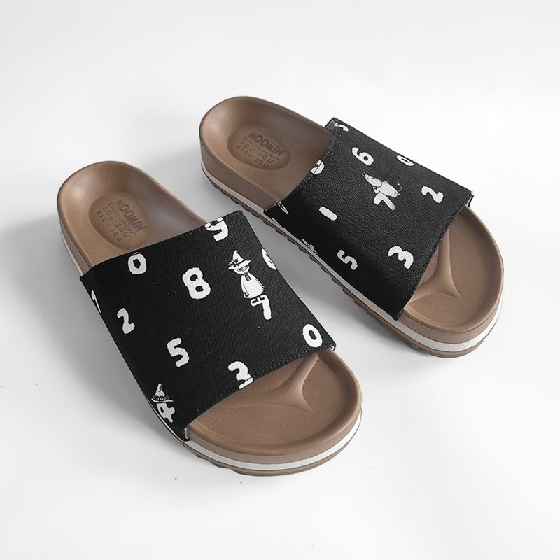 【Pinkoi x Moomin x SOU・SOU】Classic thick-soled canvas slippers - black and white - รองเท้าแตะ - ผ้าฝ้าย/ผ้าลินิน สีดำ