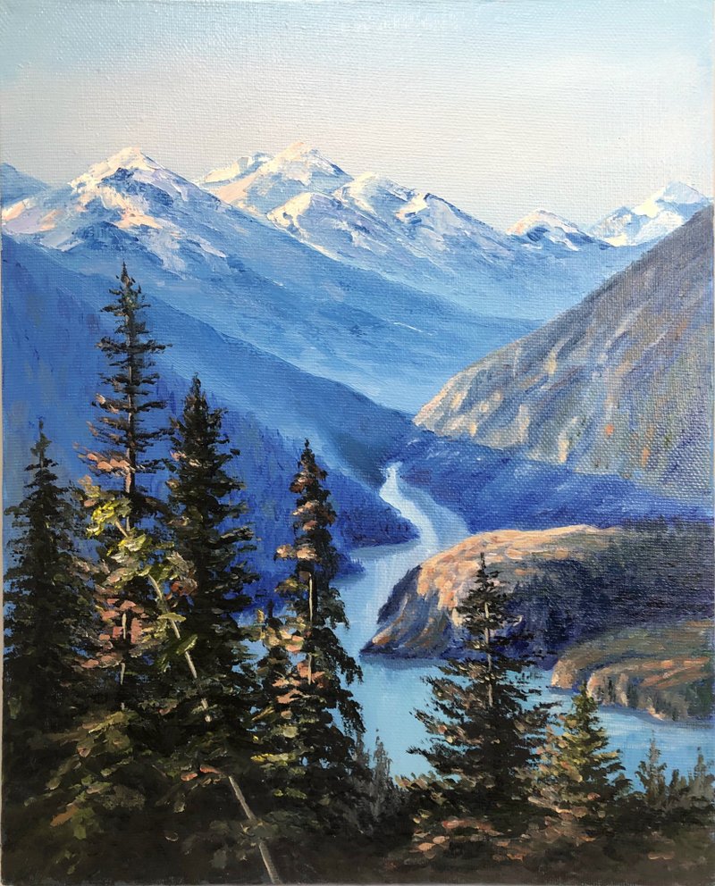 Painting Mountains Original Oil Art Snowy Mountains - 海報/掛畫/掛布 - 其他材質 藍色