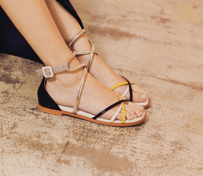 Stacked layer flat sandals black and yellow - Sandals - Genuine Leather Black