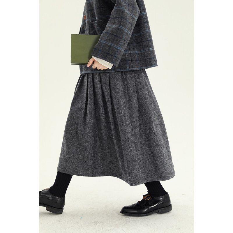 Smoky Gray Elastic Waist Wool Skirt Autumn and Winter Midi Skirt - Skirts - Wool Gray