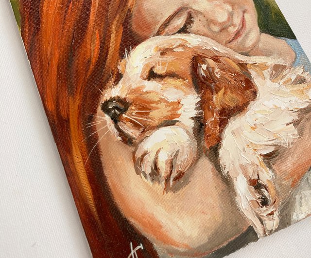 少女と犬の絵オリジナルのキャンバスアート娘の絵ペットの絵