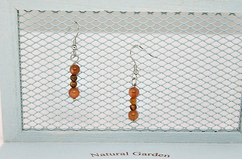 Stainless Steel X Natural Stone Hook Earrings < Brown Dream> - ต่างหู - สแตนเลส สีนำ้ตาล