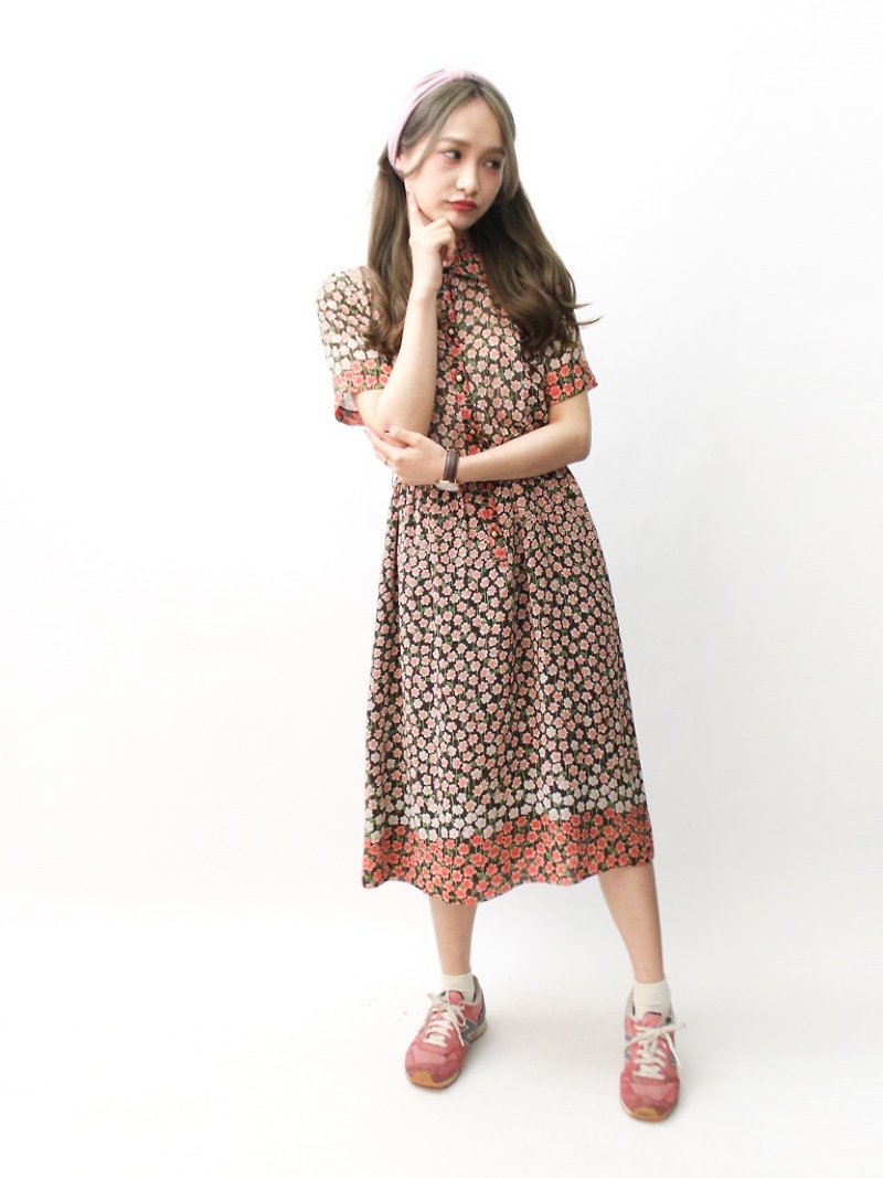 【RE0322D1024]春と夏の花の日本の森林部門のフルバージョンヴィンテージアースカラー半袖ドレス - ワンピース - ポリエステル レッド