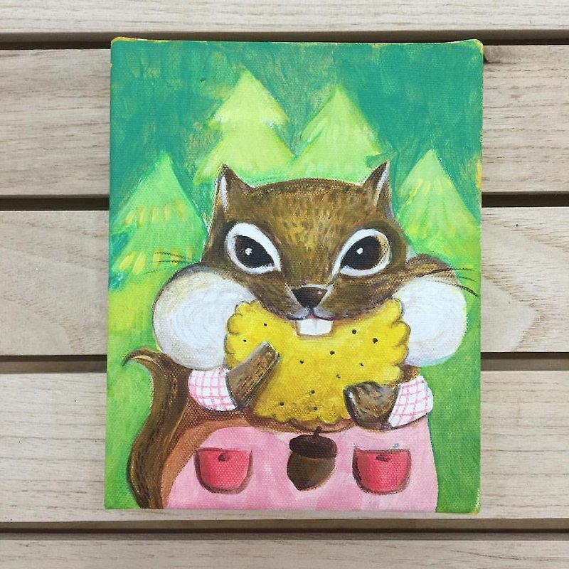Small Picture Frame Original Painting Squirrel Chick Pocket Cookies / Animal Everyday Series - โปสเตอร์ - วัสดุอื่นๆ สีเขียว