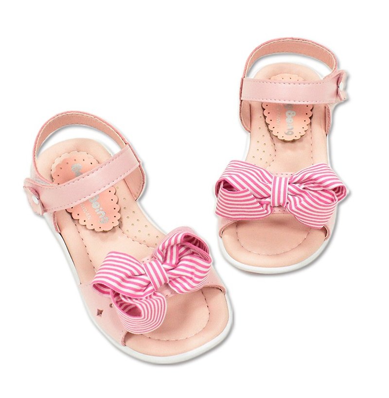 Striped Bow Girl Sandals – Pink Made in Taiwan - รองเท้าเด็ก - หนังเทียม สึชมพู