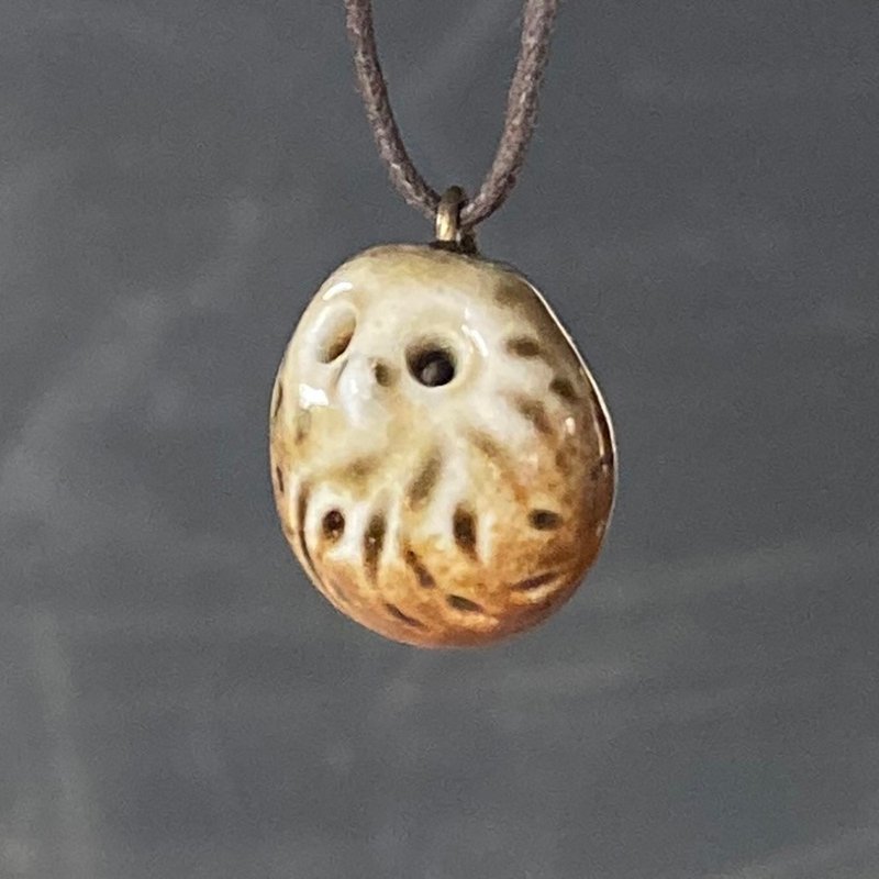 Wood fired pottery essential oil necklace small beveled owl - สร้อยคอ - ดินเผา สีกากี