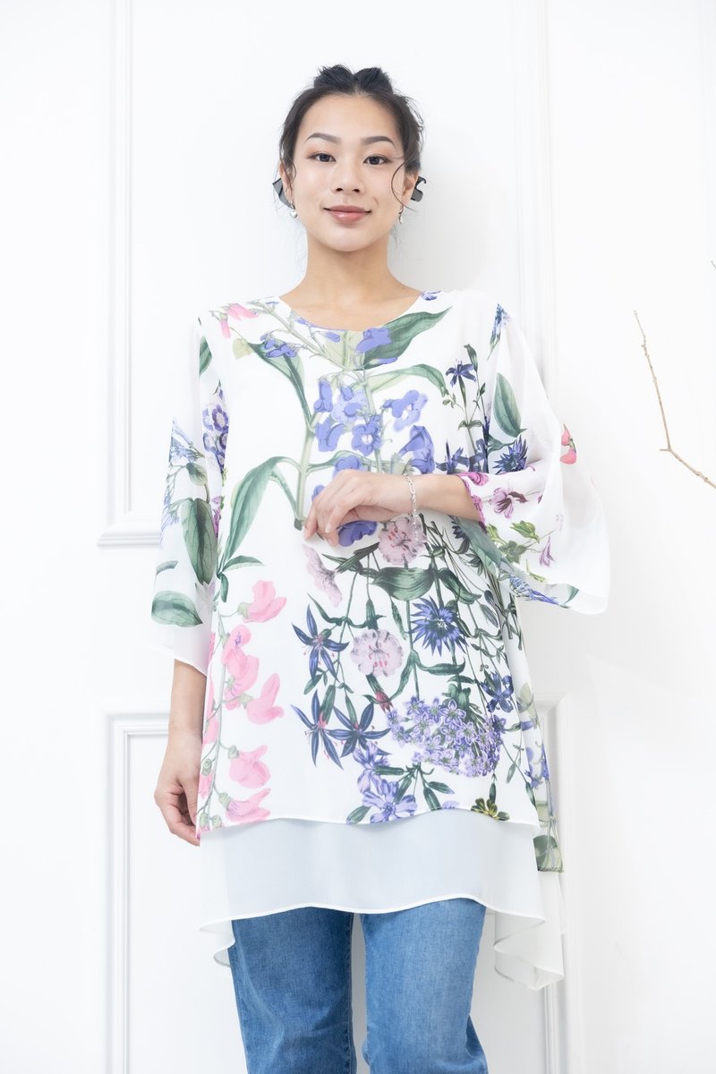 粉.紫色花材.綠葉兩層七分袖上衣 白色 - 女上衣/長袖上衣 - 其他材質 白色