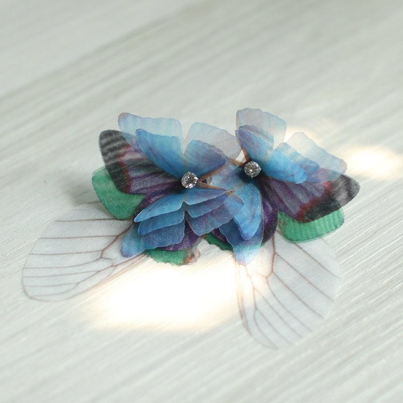 A pair of butterfly tulle earrings & rhinestone 925 silver ear pin pierced or clip-on earring - Earrings & Clip-ons - Silk Blue