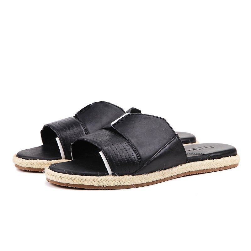 Leather Espadrilles sandals Maldives M1173 Black - รองเท้ารัดส้น - หนังแท้ สีดำ