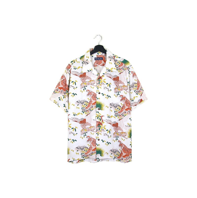 Back to Green:: tiger and eagle full version with flower shirt on white background // unisex // vintage (S-39) - Men's Shirts - Silk 