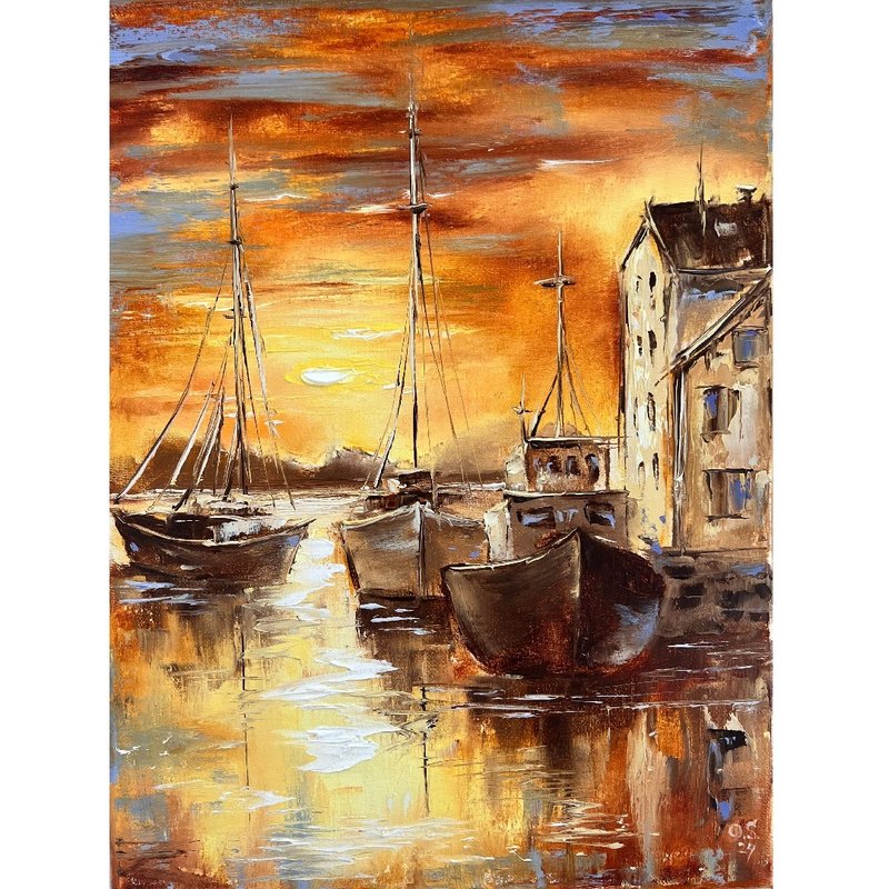 Boats Painting Seascape Art Original Painting 40x30 cm/ 16x12 inch - โปสเตอร์ - ผ้าฝ้าย/ผ้าลินิน หลากหลายสี