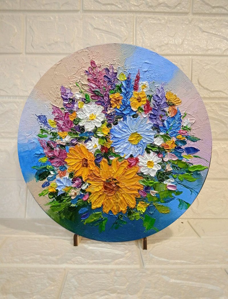 Round Oil Painting Bright Flowers Chamomile Sunflowers Miniature Impasto d.18 cm - Wall Décor - Other Materials Multicolor